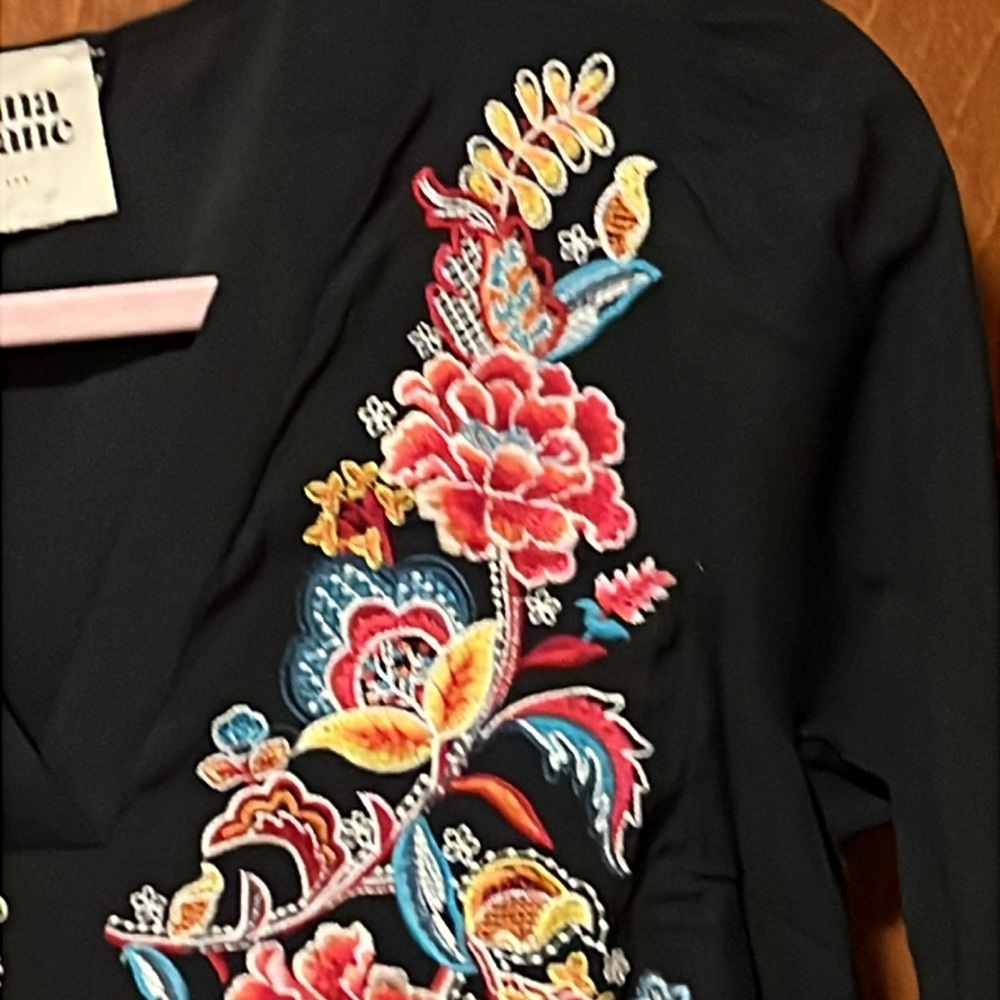 Savanna Jane Black V-Neck Blouse with Multicolor Floral Embroidery - Picture 4 of 12